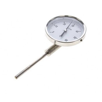 0 til +60°C Bimetaltermometer i rustfrit stål 100 mm kabinet 100 mm stilkbund